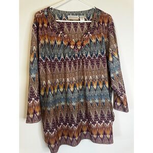 Alfred Dunner Woman 3X Tunic Top Geometric Print Sequins Beaded Neckline